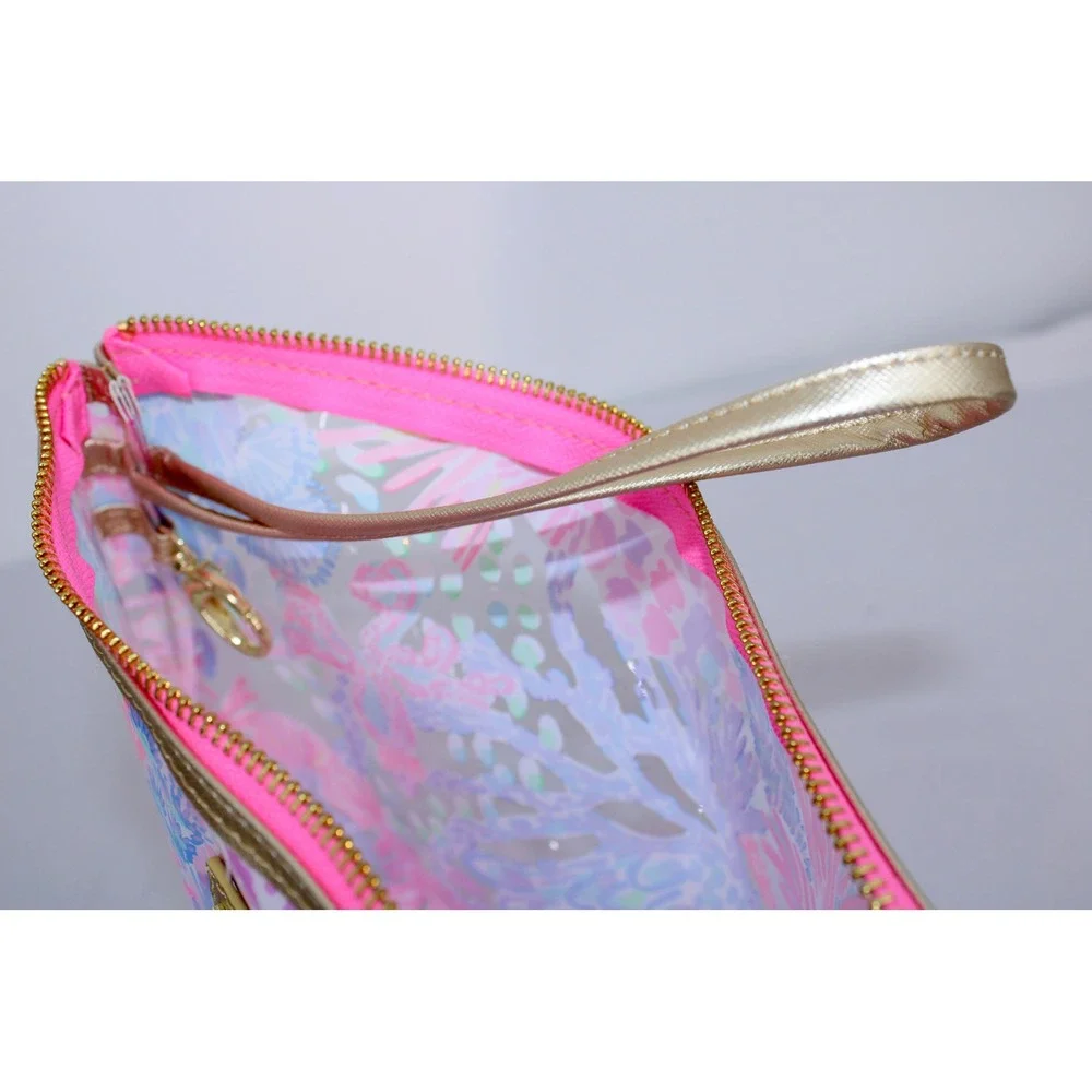 Lilly Pulitzer Pink Blue Coral Reef Clear Vinyl Cosmetic Makeup Pouch Bag